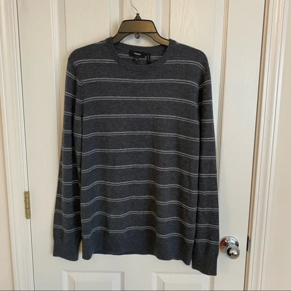 THEORY Riland Striped Wool Blend Pullover Sweater in Charcoal/Grey Size M - Picture 3 of 10